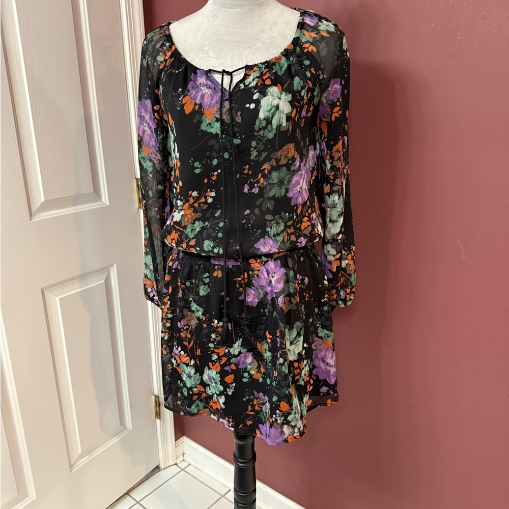 Jessica Simpson Floral Black Dress with Purple and Green Accents.